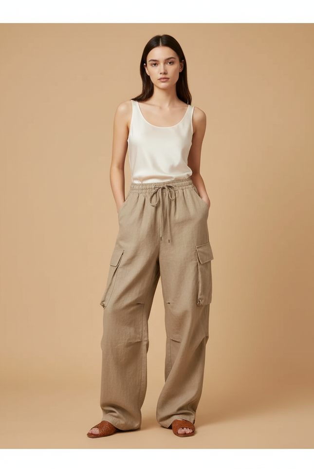 Pantalon Baggy Beige Lin Ample Cargo Cordon