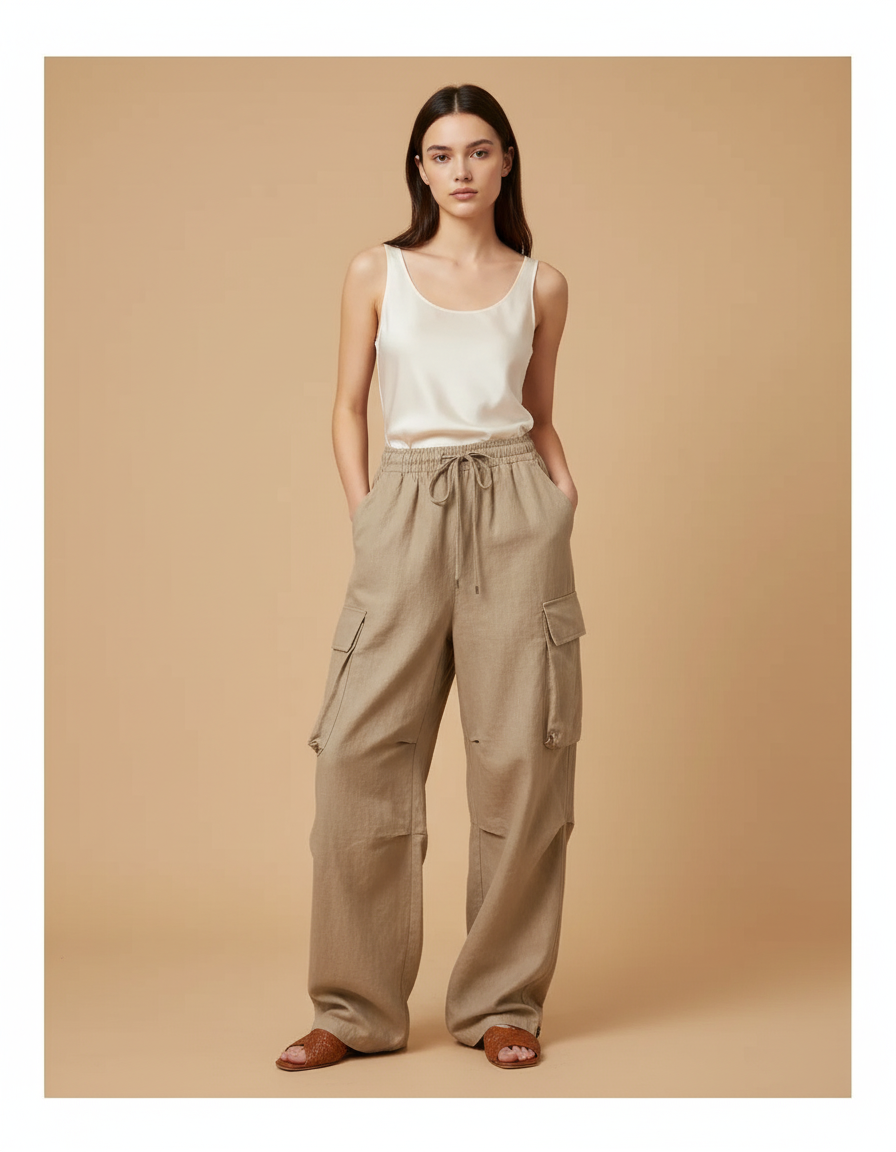 Pantalon Baggy Beige Lin Ample Cargo Cordon