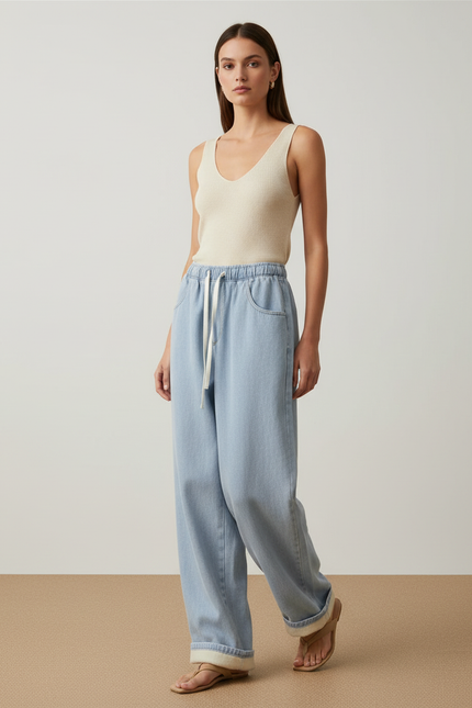Pantalon Baggy Jean Bleu Clair Doublé Polaire Cordon