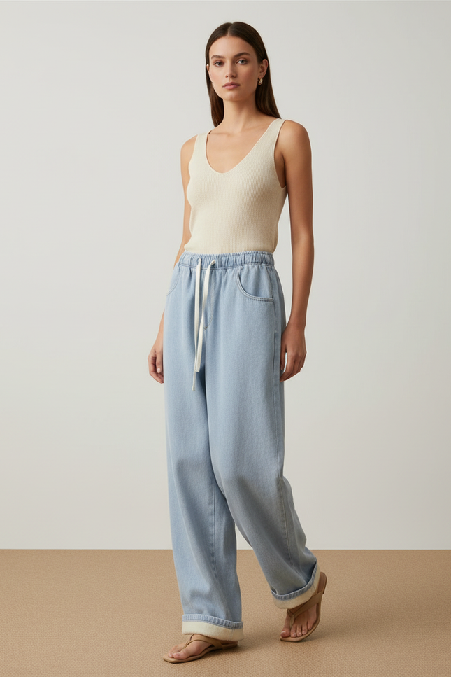 Pantalon Baggy Jean Bleu Clair Doublé Polaire Cordon