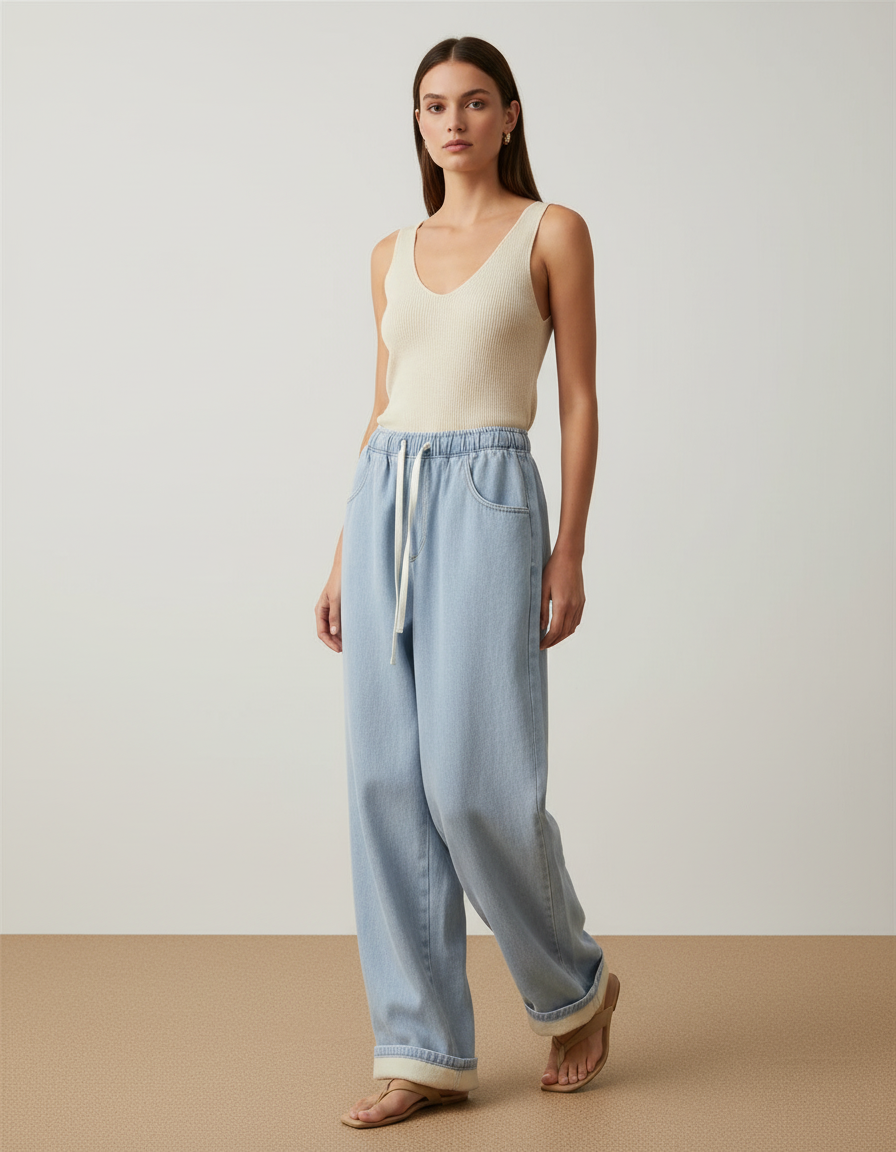 Pantalon Baggy Jean Bleu Clair Doublé Polaire Cordon