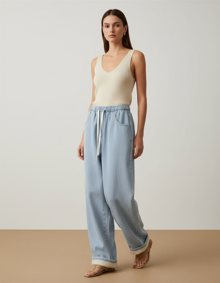 Pantalon Baggy Jean Bleu Clair Doublé Polaire Cordon