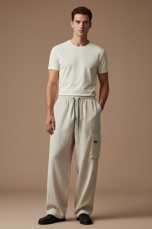 Pantalon Baggy Beige Lin Ample Cargo Homme