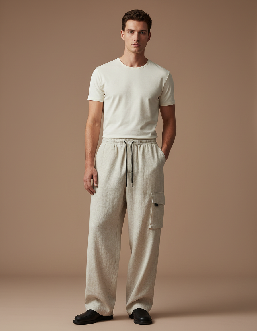 Pantalon Baggy Beige Lin Ample Cargo Homme