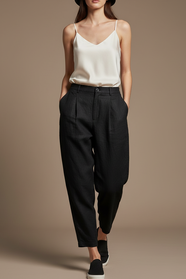 Pantalon Baggy Noir Ample Lin Plissé Femme
