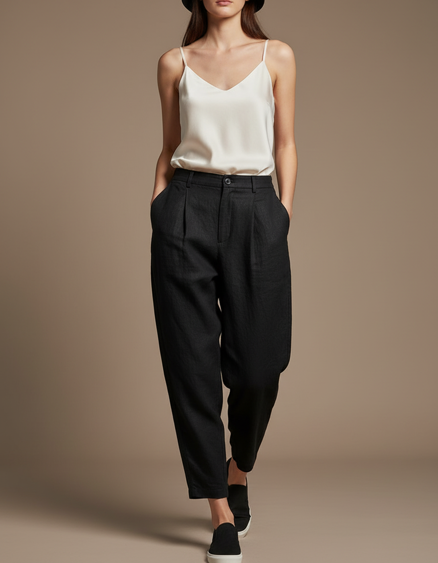 Pantalon Baggy Noir Ample Lin Plissé Femme