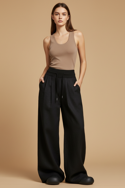 Pantalon Baggy Noir Ample Fluide Cordon Élégant - Lin