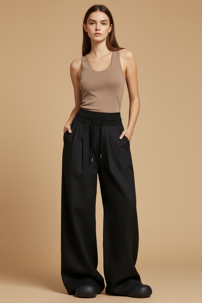 Pantalon Baggy Noir Ample Fluide Cordon Élégant - Lin