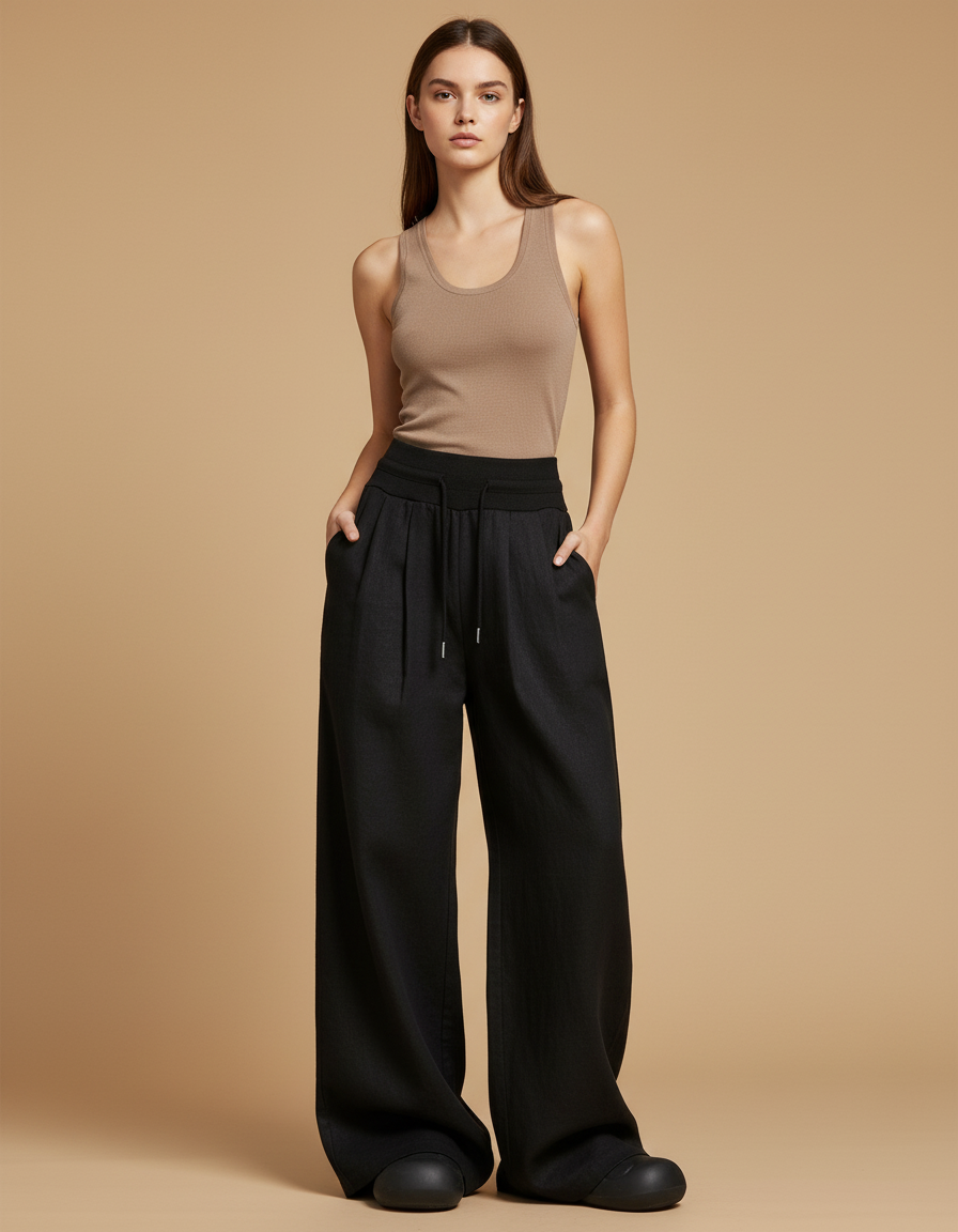 Pantalon Baggy Noir Ample Fluide Cordon Élégant - Lin