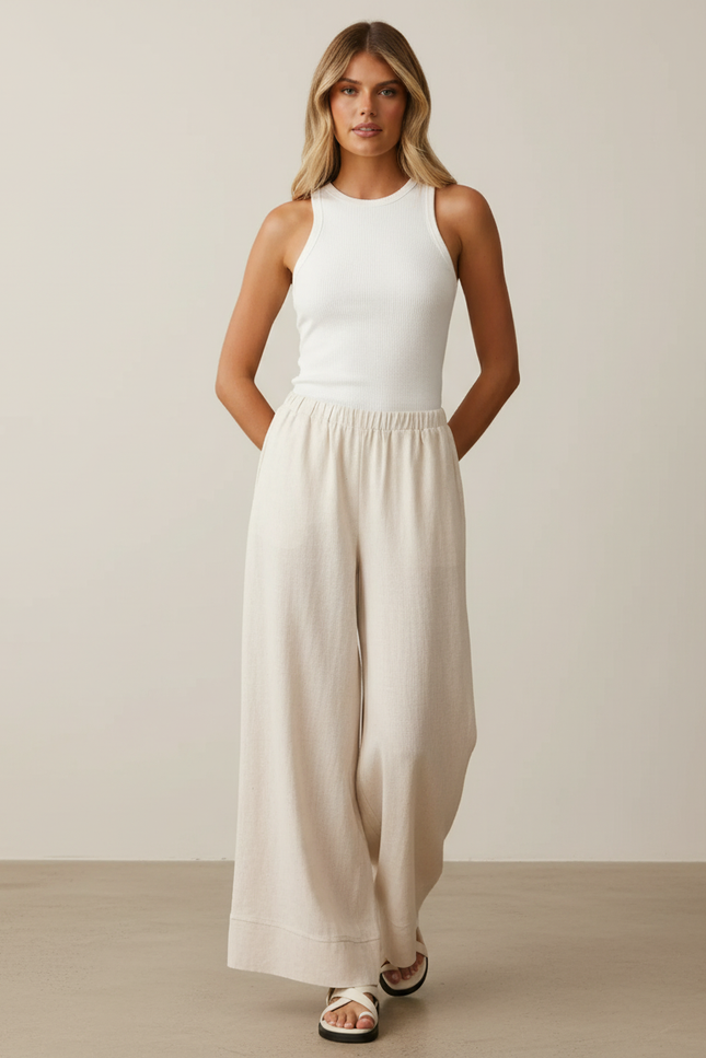 Pantalon Baggy Beige Lin Fluide Décontracté Femme