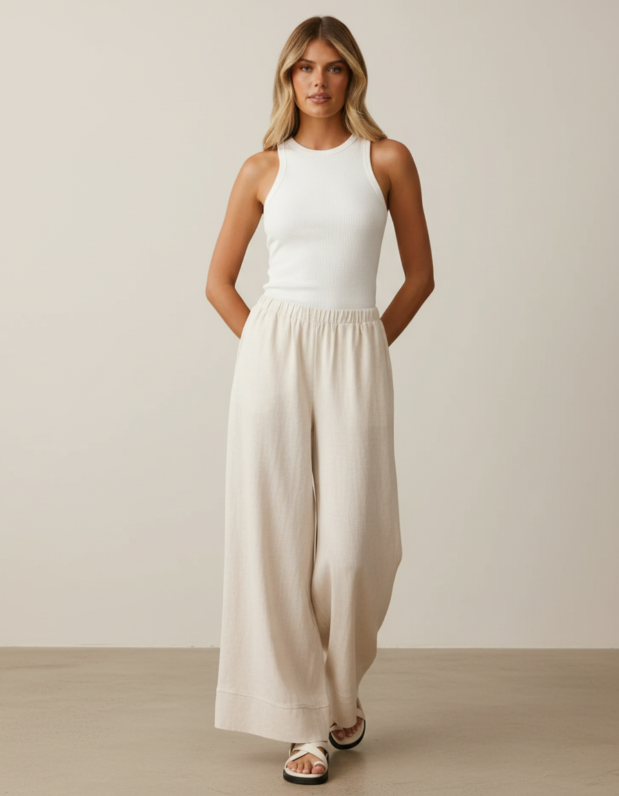 Pantalon Baggy Beige Lin Fluide Décontracté Femme