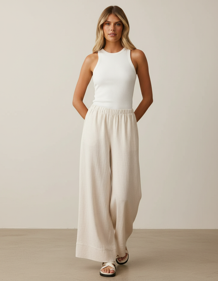 Pantalon Baggy Beige Lin Fluide Décontracté Femme