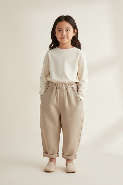 Pantalon Baggy Beige Ample Lin Décontracté Enfant