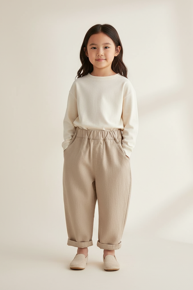 Pantalon Baggy Beige Ample Lin Décontracté Enfant