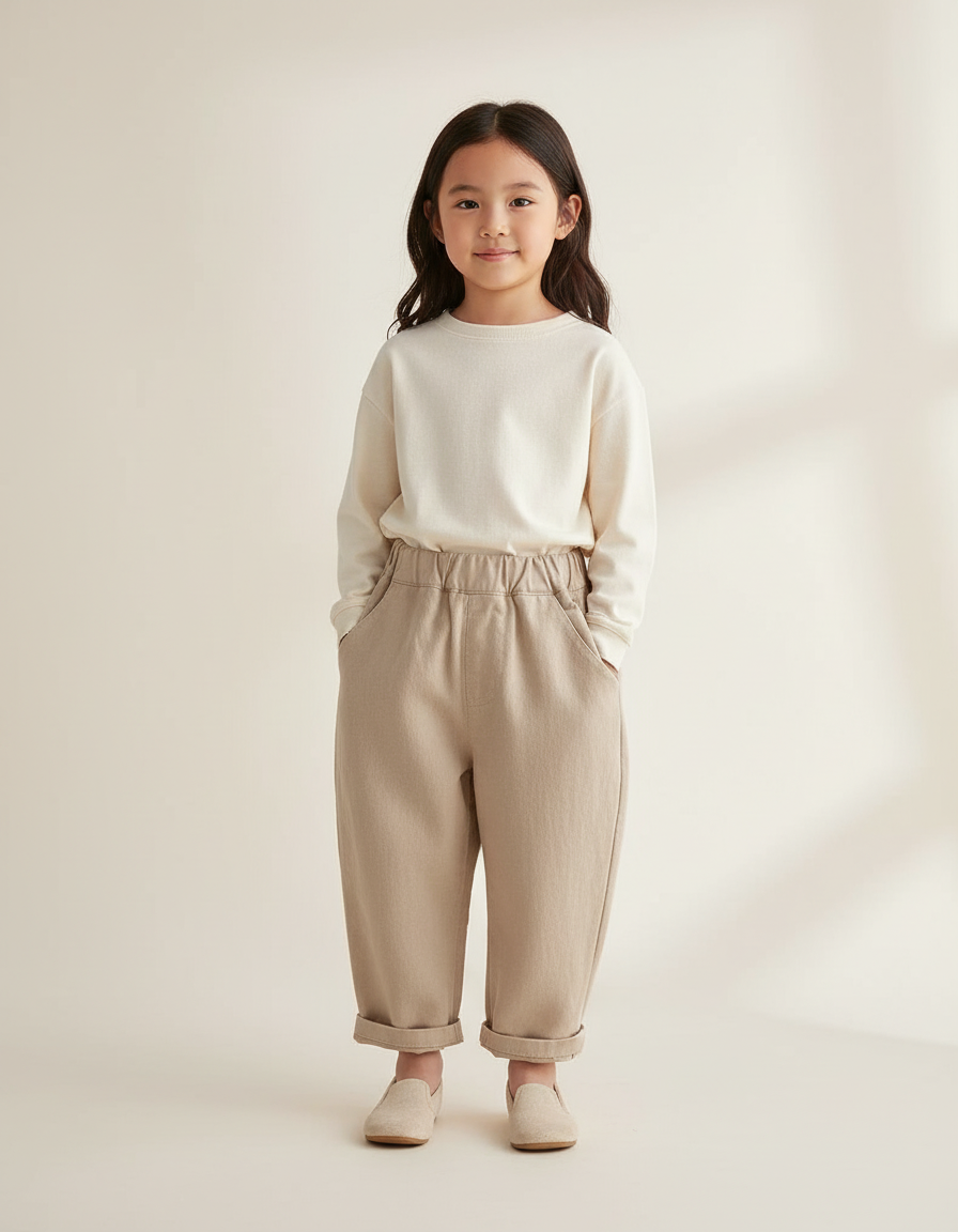 Pantalon Baggy Beige Ample Lin Décontracté Enfant