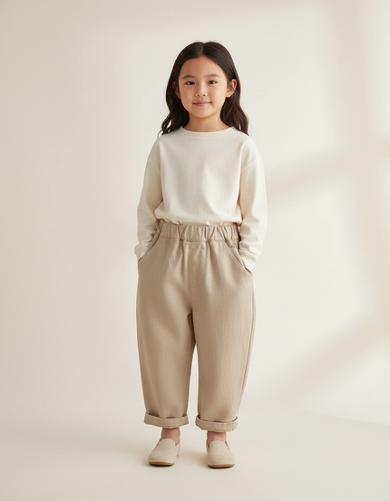 Pantalon Baggy Beige Ample Lin Décontracté Enfant
