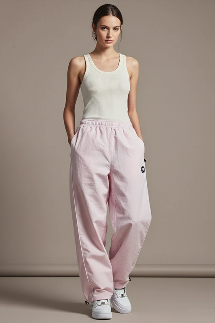 Pantalon Baggy Rose Ample Décontracté Fluide Cordon - Polyester