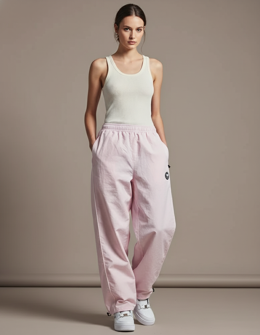 Pantalon Baggy Rose Ample Décontracté Fluide Cordon - Polyester