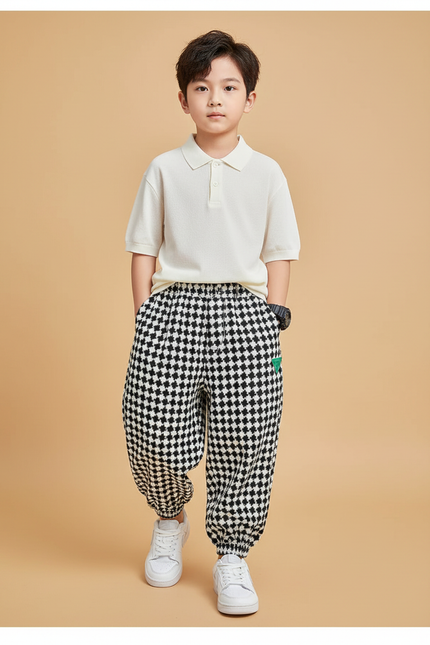 Pantalon Baggy Carreaux Noir Blanc Molletonné Épais Garçon - Imprimé