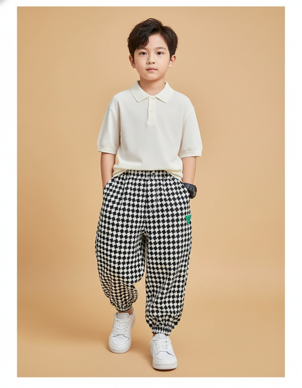 Pantalon Baggy Carreaux Noir Blanc Molletonné Épais Garçon - Imprimé