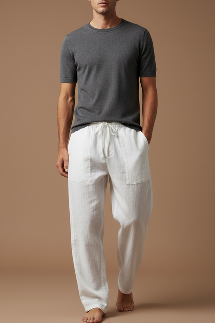 Pantalon Baggy Blanc Lin Ample Cordon Décontracté