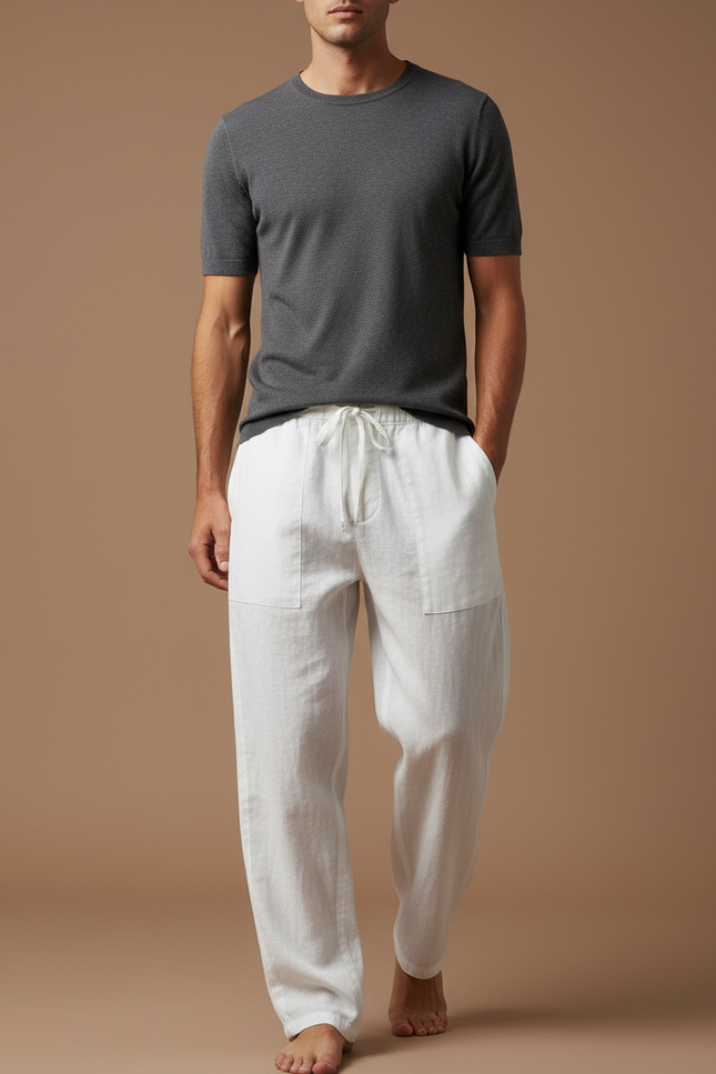 Pantalon Baggy Blanc Lin Ample Cordon Décontracté