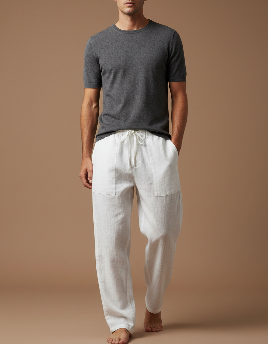 Pantalon Baggy Blanc Lin Ample Cordon Décontracté