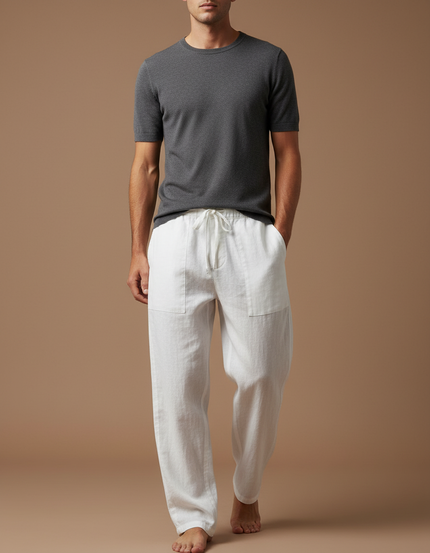 Pantalon Baggy Blanc Lin Ample Cordon Décontracté