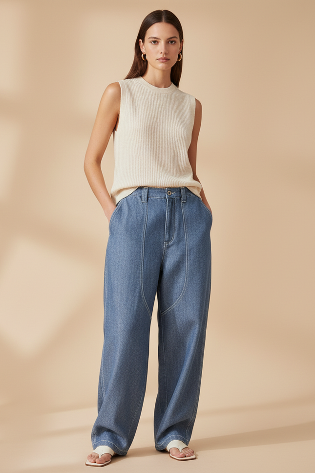 Pantalon Baggy Jean Bleu Surpiqué Ample Décontracté Femme