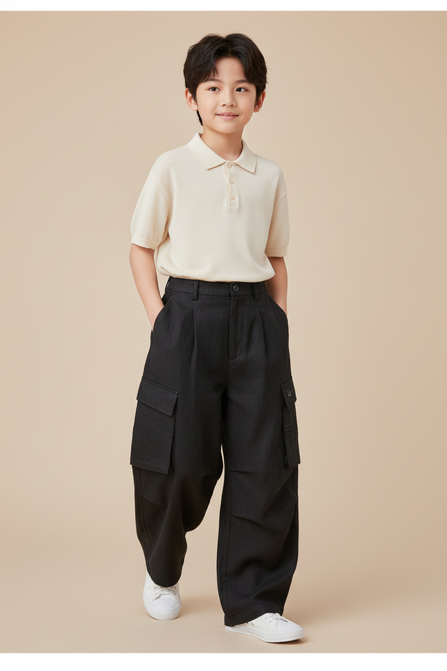 Pantalon Baggy Noir Ample Cargo Enfant Coton