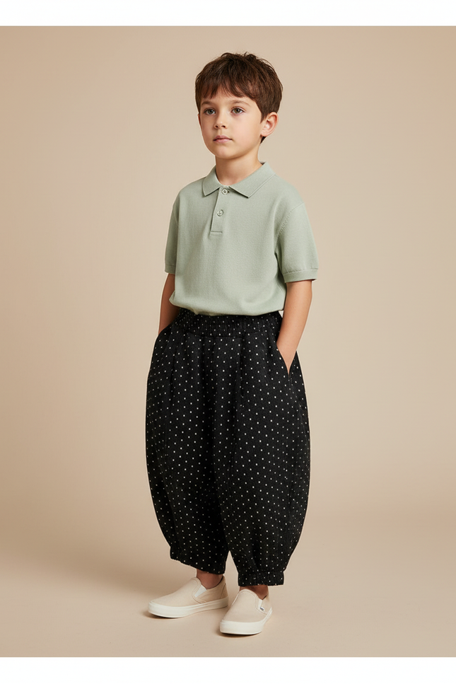 Pantalon Baggy Noir Pois Blanc Ample Coton Garçon