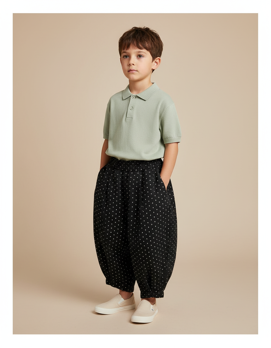 Pantalon Baggy Noir Pois Blanc Ample Coton Garçon