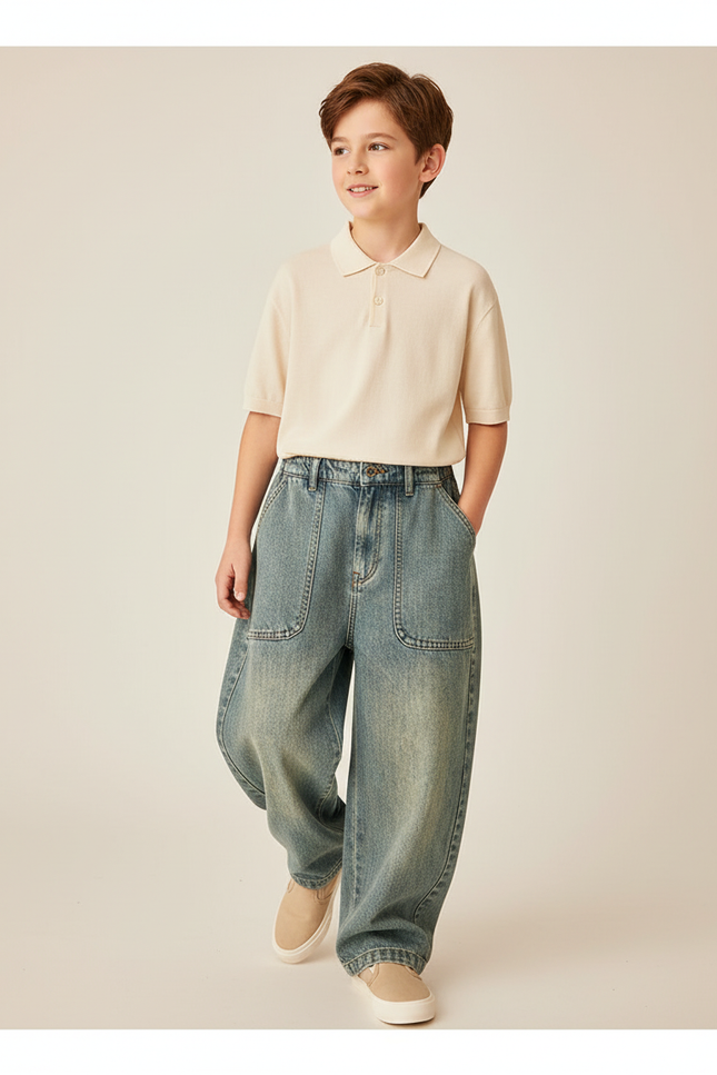 Pantalon Baggy Jean Bleu Délavé Ample Enfant