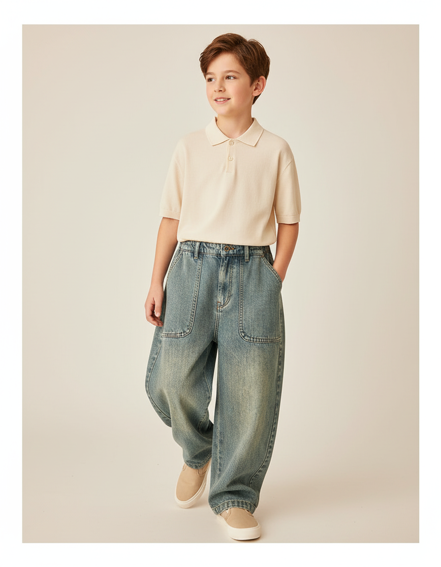 Pantalon Baggy Jean Bleu Délavé Ample Enfant