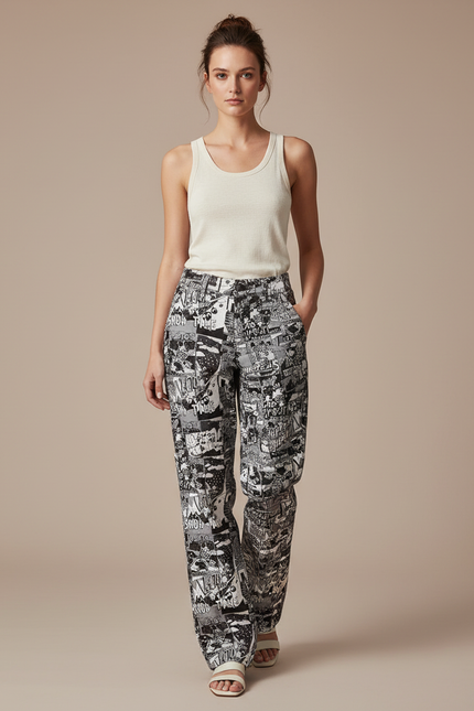 Pantalon Baggy Imprimé Comics Noir Blanc Fluide Femme - Viscose