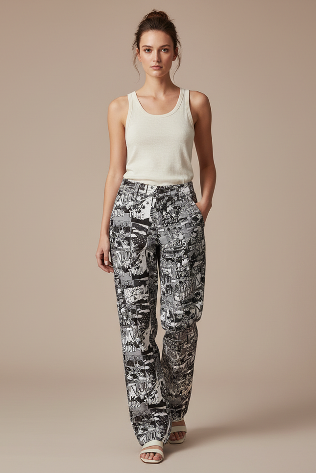 Pantalon Baggy Imprimé Comics Noir Blanc Fluide Femme - Viscose
