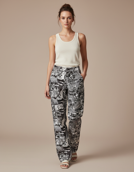 Pantalon Baggy Imprimé Comics Noir Blanc Fluide Femme - Viscose