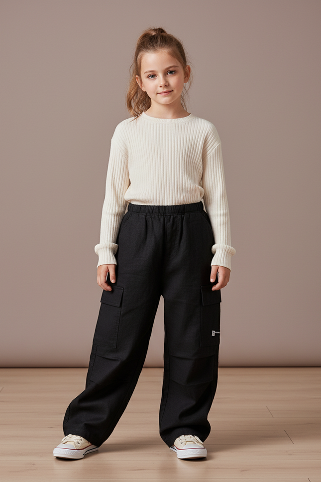 Pantalon Baggy Noir Cargo Ample Coton Enfant - Toile
