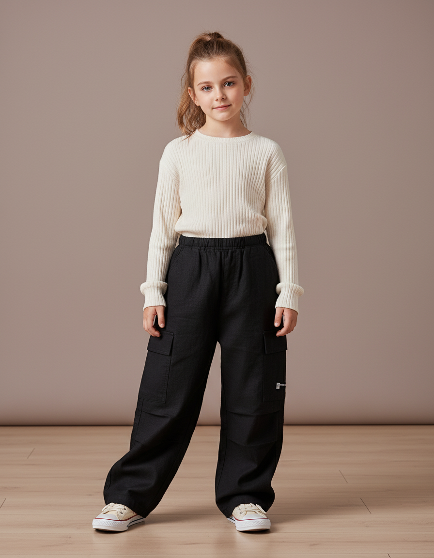 Pantalon Baggy Noir Cargo Ample Coton Enfant - Toile