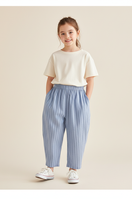 Pantalon Baggy Bleu Ciel Rayé Coton Ample Enfant