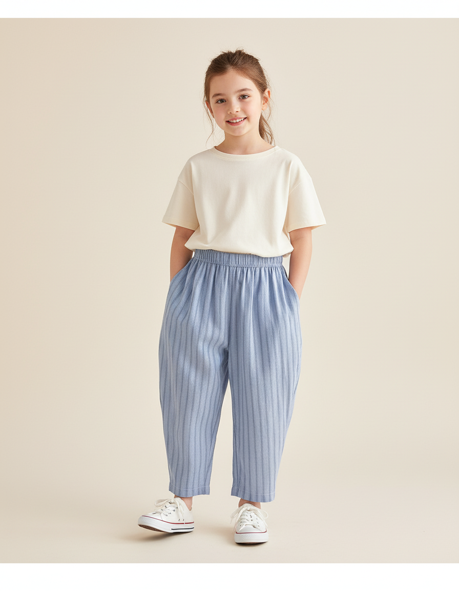 Pantalon Baggy Bleu Ciel Rayé Coton Ample Enfant