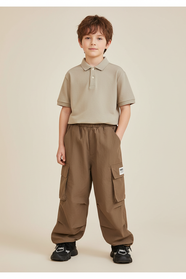 Pantalon Baggy Marron Cargo Ample Décontracté Garçon - Polyester