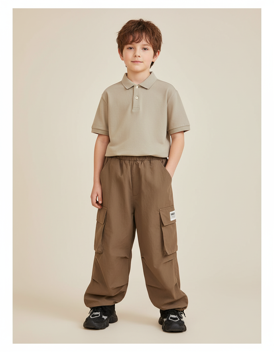 Pantalon Baggy Marron Cargo Ample Décontracté Garçon - Polyester