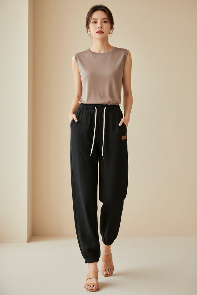 Pantalon Baggy Noir Ample Cordon Décontracté Fluide - Lin