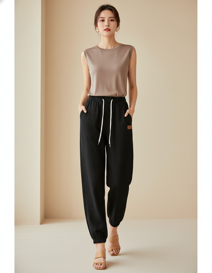 Pantalon Baggy Noir Ample Cordon Décontracté Fluide - Lin