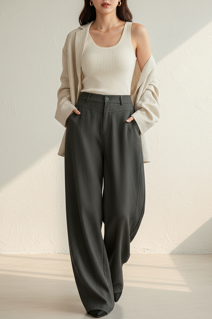 Pantalon Baggy Gris Ample Taille Haute Droit Élégant - Gabardine