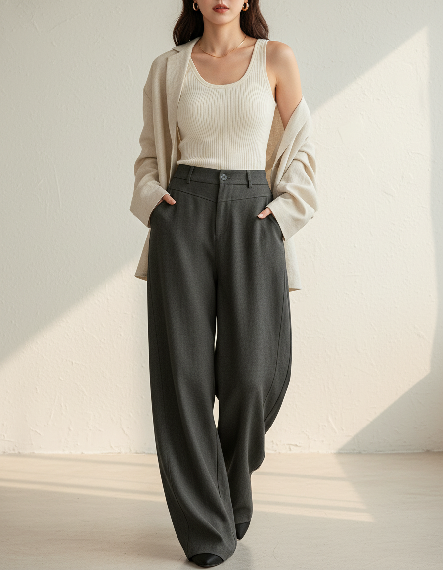 Pantalon Baggy Gris Ample Taille Haute Droit Élégant - Gabardine