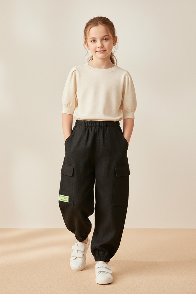 Pantalon Baggy Noir Lin Coton Ample Enfant