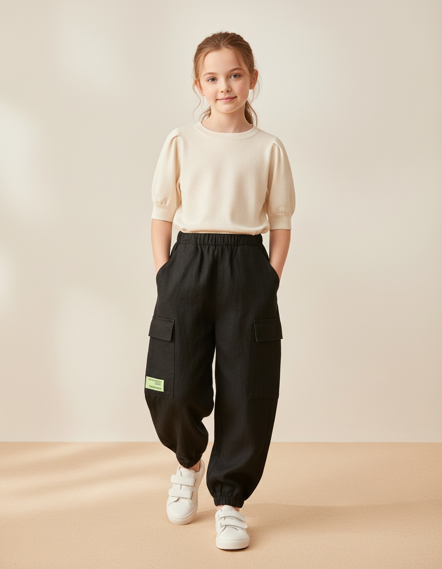 Pantalon Baggy Noir Lin Coton Ample Enfant