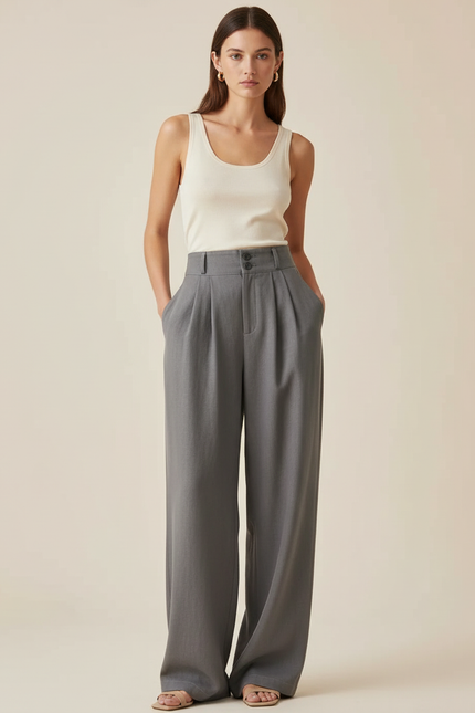Pantalon Baggy Gris Ample Taille Haute Élégant - Gabardine